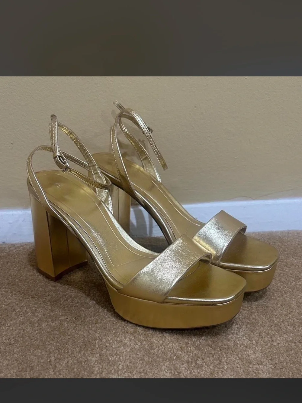 Zara Metallic Gold Platform Block Heel Sandals with Ankle Strap